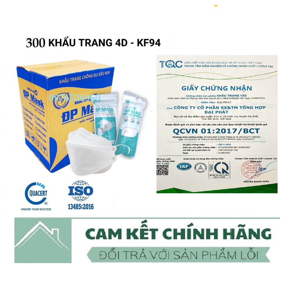 1 Thùng 300 Khẩu trang KF94 Công nghệ Hàn Quốc Huy Hoàng,Đại Phát_100% chính hãng (màu trắng)