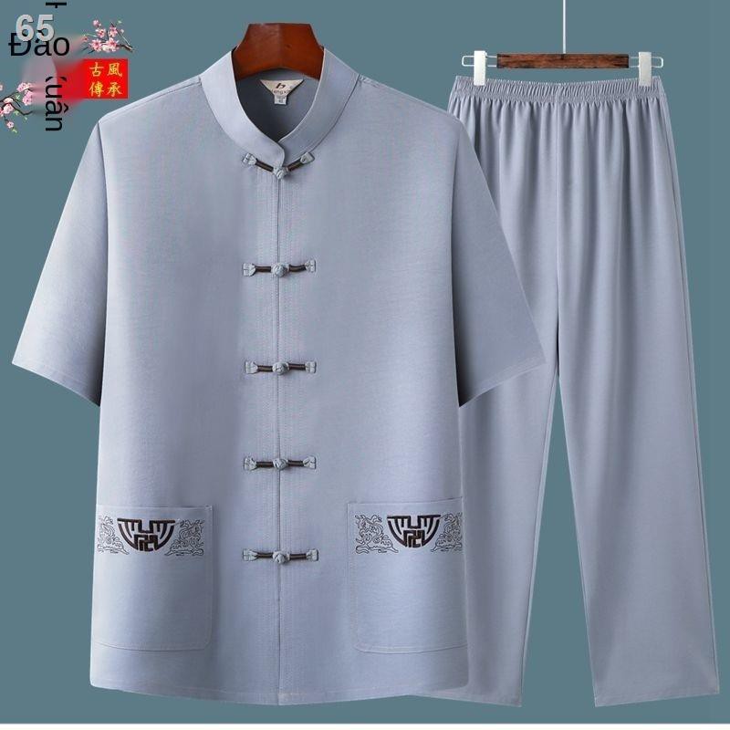 Trung niên và cao tuổi Bộ đồ nam ngắn tay Hanfu ông nội Thái cực quyền cổ điển bố cỡ lớn rộng rãi kiểu Quốc một mảnhU