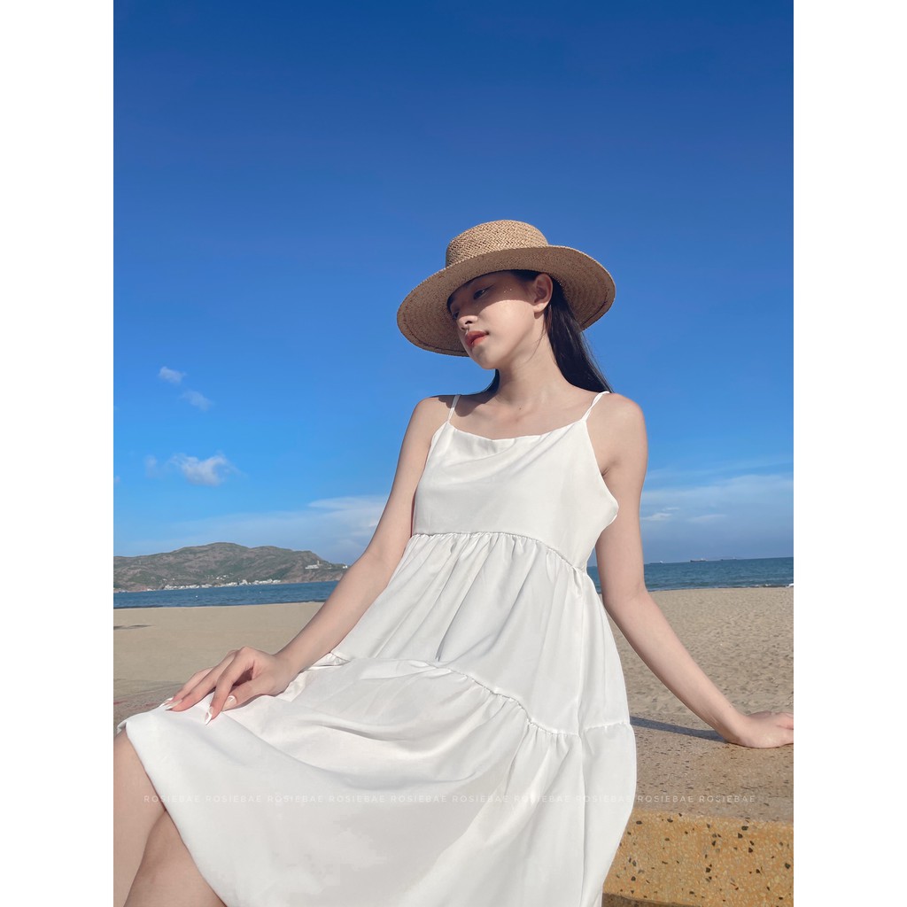 Váy đầm Midi hai dây dáng suông babydoll màu trắng siêu đẹp đi biển, du lịch, đi chơi mặc thoải mái mát mẻ - Rosie Bae
