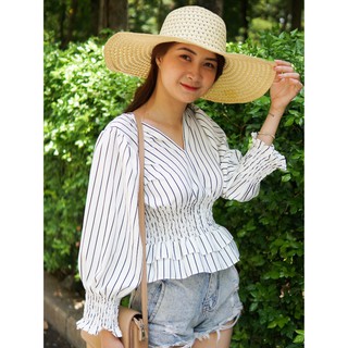 ÁO KIỂU SỌC NHÚN EO TAY DÀI