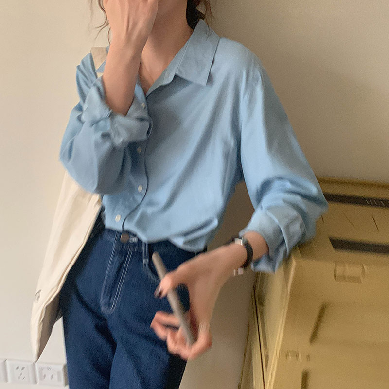 40921 Áo Sơ Mi Dài Tay Màu Trơn Hợp Thời Trang Cho Nữ
