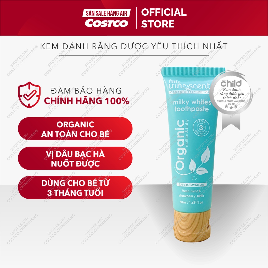 Kem đánh răng hữu cơ nuốt được an toàn cho bé [Đủ bill] Little Innoscents Milky Whites 50ml