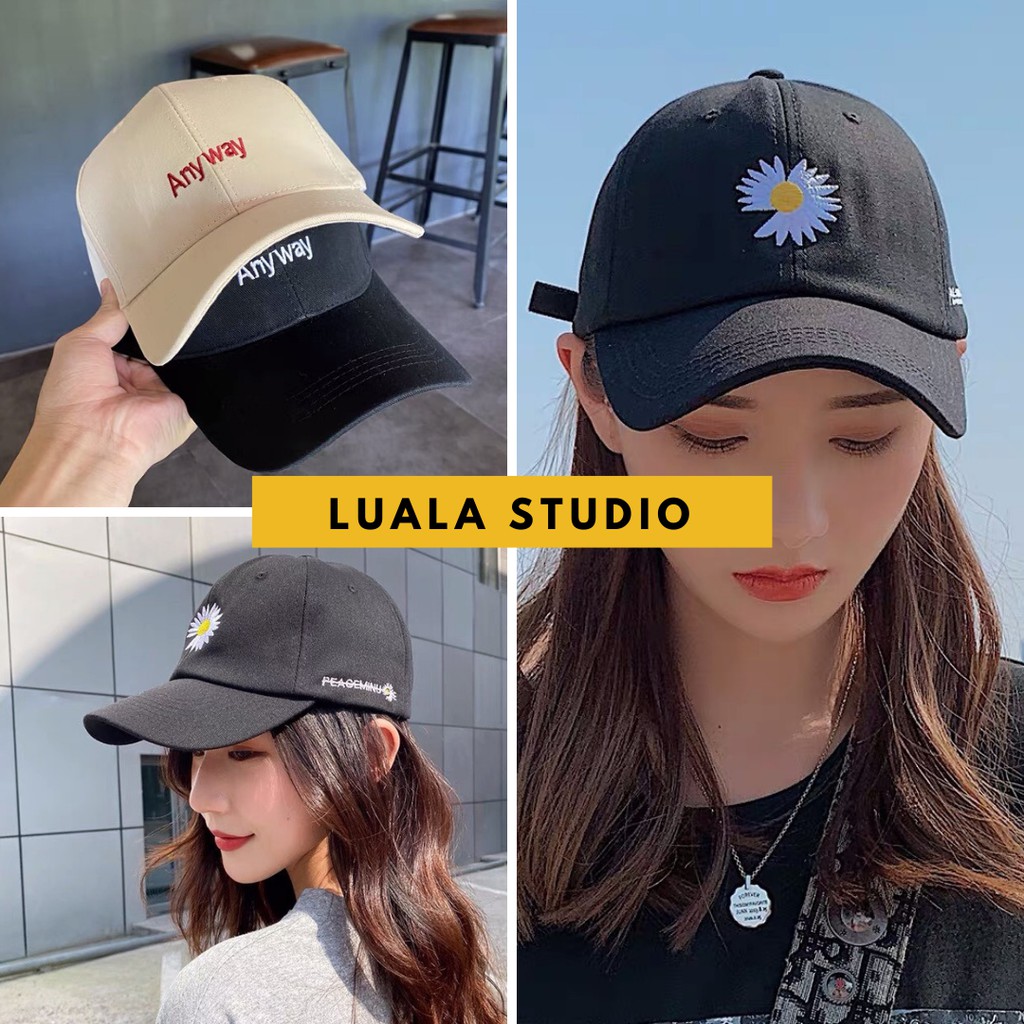 Nón kết thêu hoạ tiết nam nữ Luala, Mũ lưỡi trai Ulzzang Hàn Quốc vải kaki unisex màu đen.