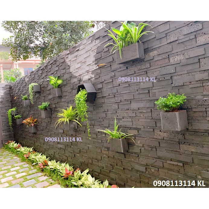 Set 6 chậu cây treo tường đẹp, hình vuông & chữ nhật, chậu cây đá tổ ong xám, trồng cây xanh ốp tườn ban công giếng trời