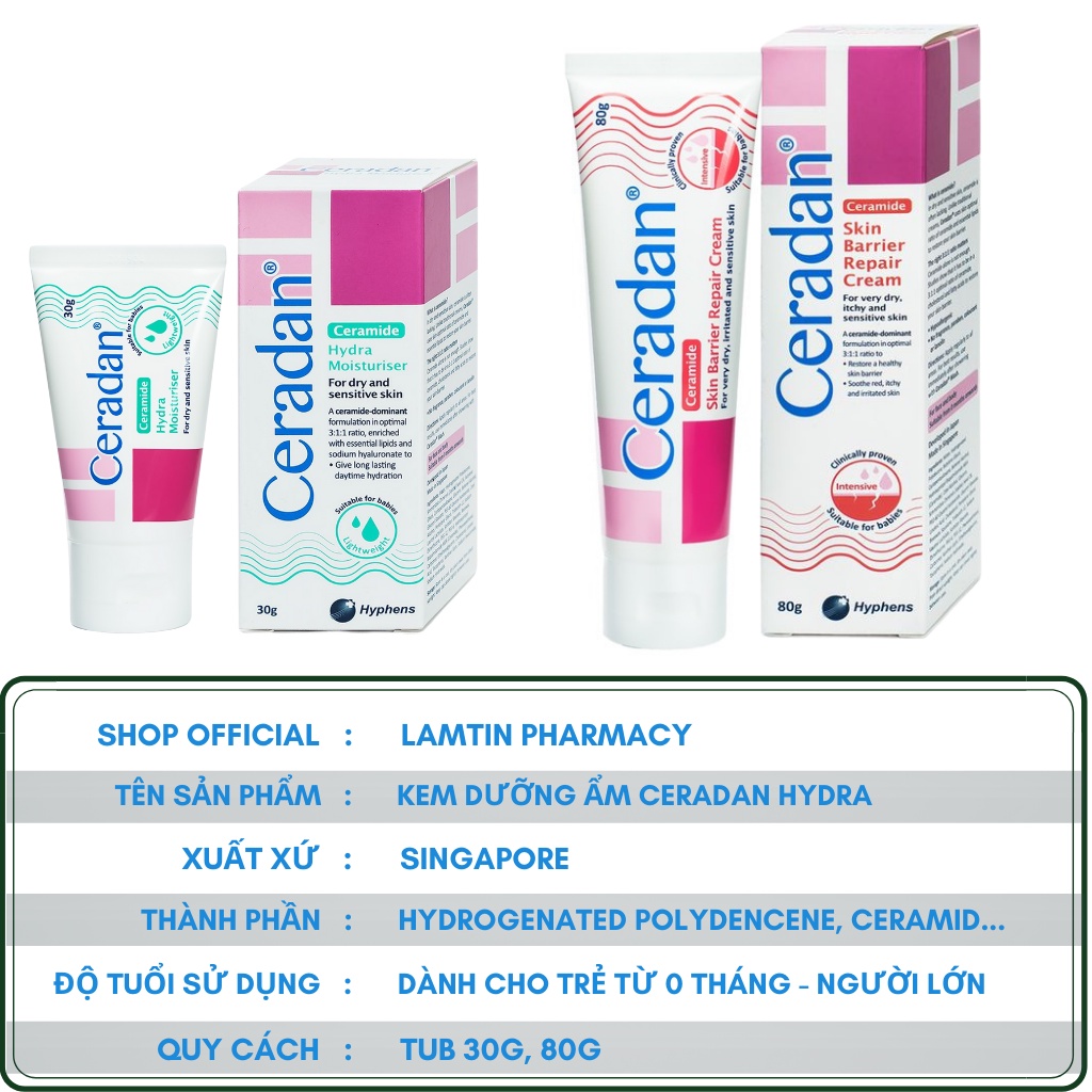 Ceradan Hydra Moisturiser kem dưỡng ẩm cao cấp, hỗ trợ viêm da cơ địa cho mọi lứa tuổi tub 30g, 80g ( hàng chính hãng )