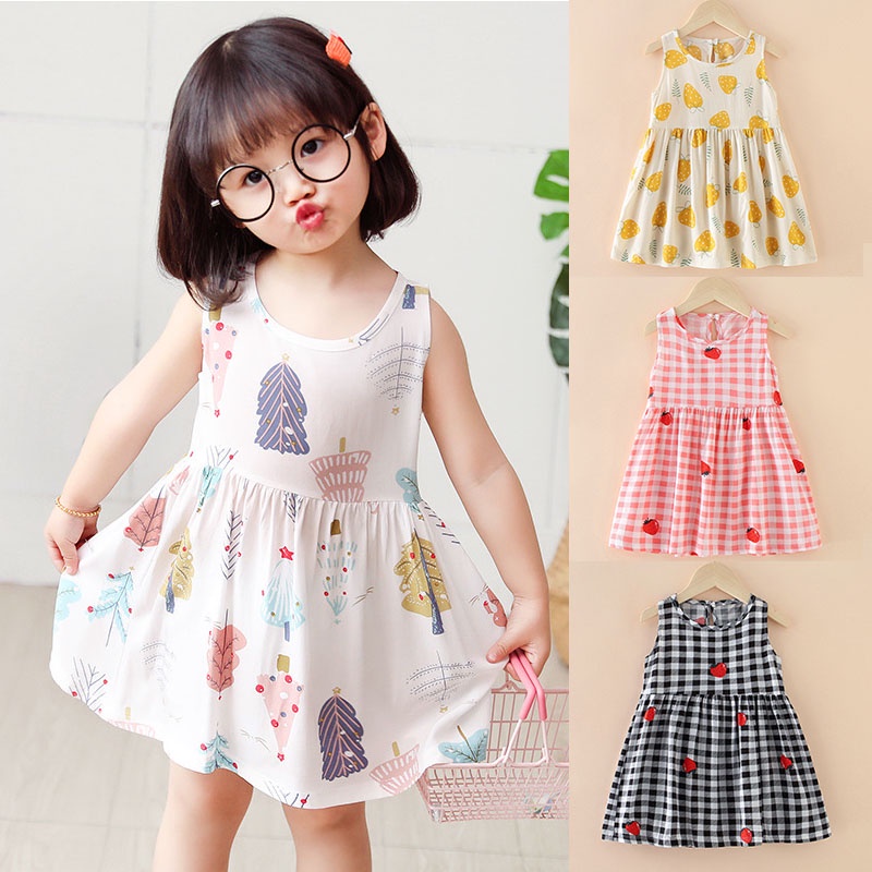 Đầm Công Chúa Mùa Hè Không Tay Bằng Vải Cotton In Họa Tiết Hoạt Hình Cho Bé Gái
