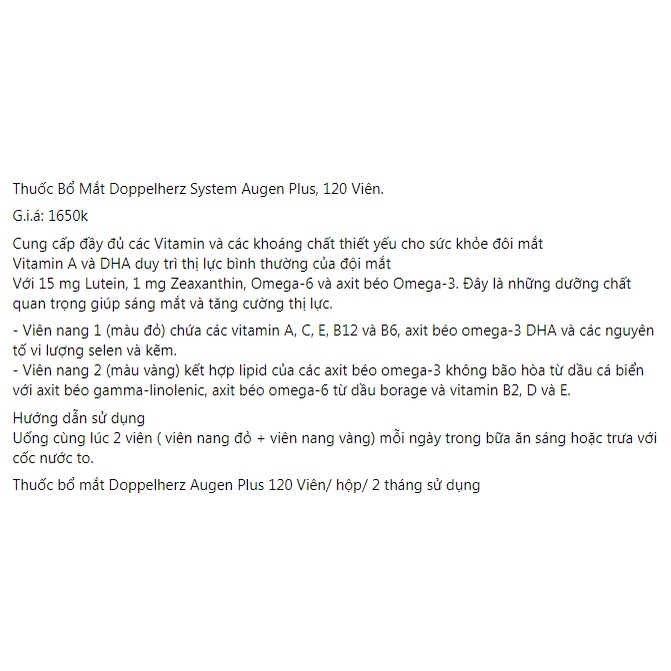 Viên uống bổ mắt  Augen Plus Doppelherz cung cấp vitaminA, vitaminC,DHA, omega,khoáng chất giúp mắt sáng khỏe,hộp 120v