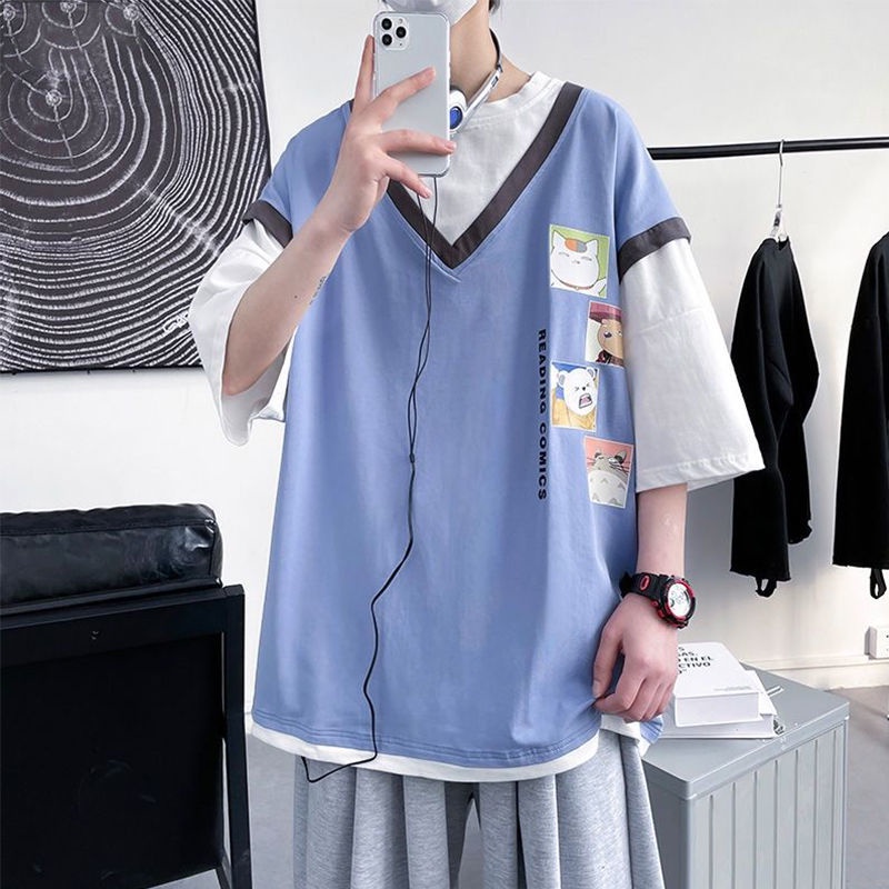 Áo thun ngắn tay giả hai lớp thời trang mùa hè cho học sinh