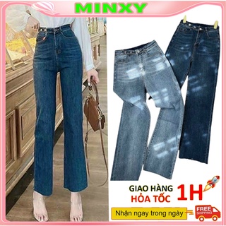 Quần bò jean nữ ống đứng rộng suông co giãn jeans cạp cao hack dáng-minxy shop