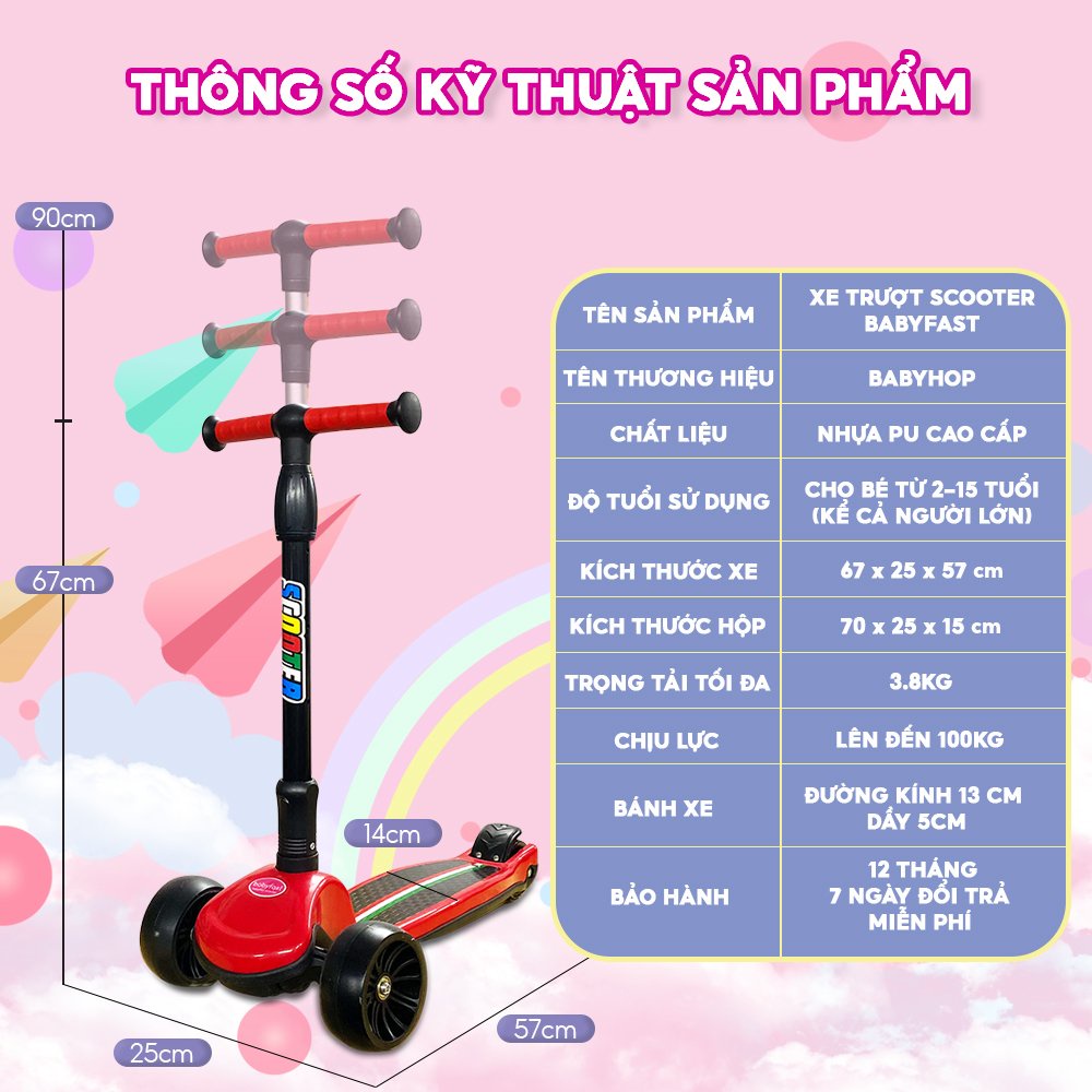 Combo 2 chiếc xe trượt scooter cho bé Babyfast thương hiệu Babyhop 3 bánh to phát sáng vĩnh cửu gấp gọn chịu lực 100kg