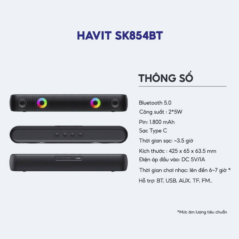 Loa Bluetooth HAVIT SK854BT, Công Suất 2*5W, Có Đèn RGB, Nghe Đến 7H - Chính Hãng Dizigear