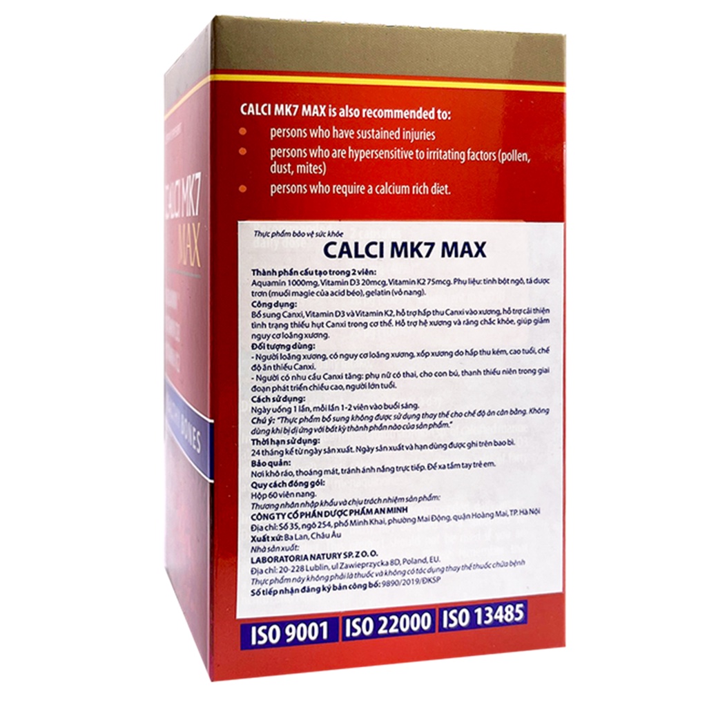 Calci MK7 Max, Canxi tảo đỏ, canxi, vitamin D3 K2 MK7 cho bà bầu, người già, tăng chiều cao cho bé, Ba Lan