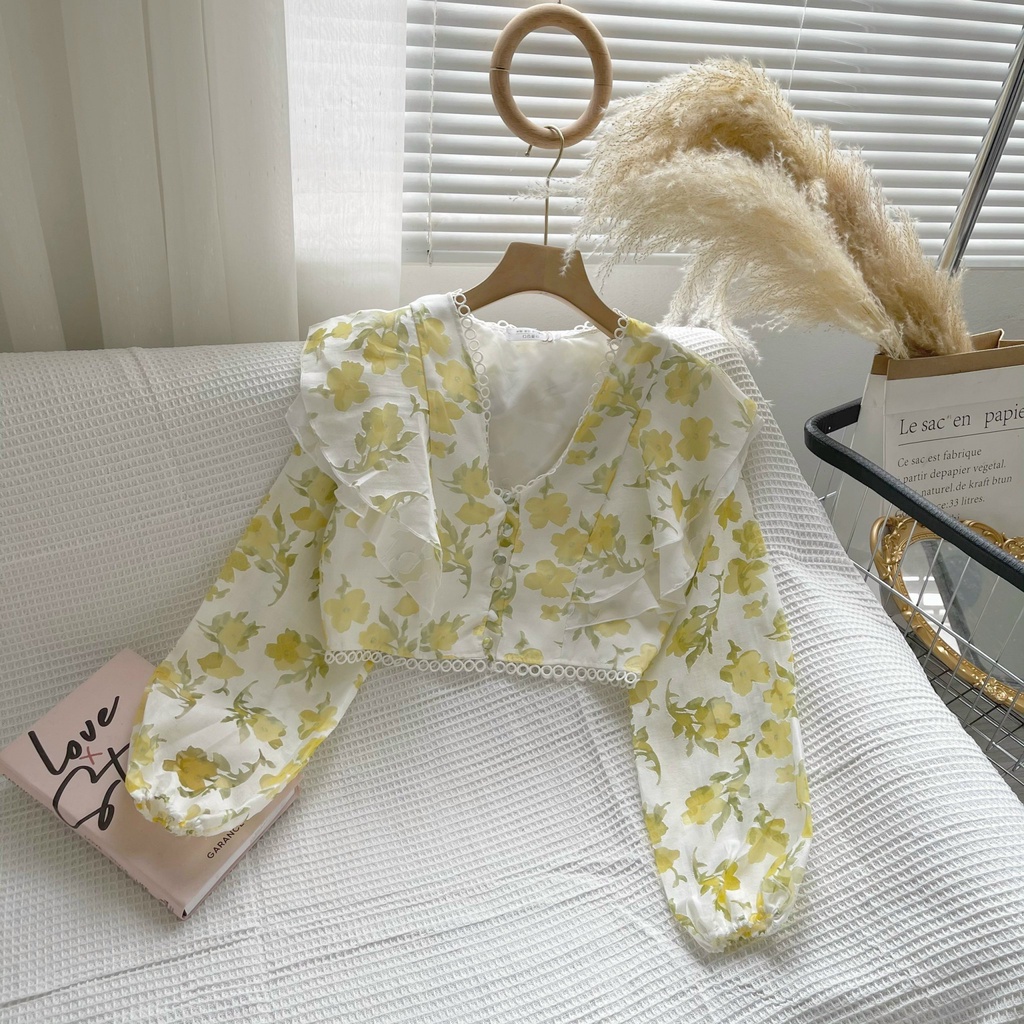 Áo croptop vải voan tay phồng in hoa kiểu Hàn Quốc xinh xắn cho nữ Aosmcrtvoanto6808