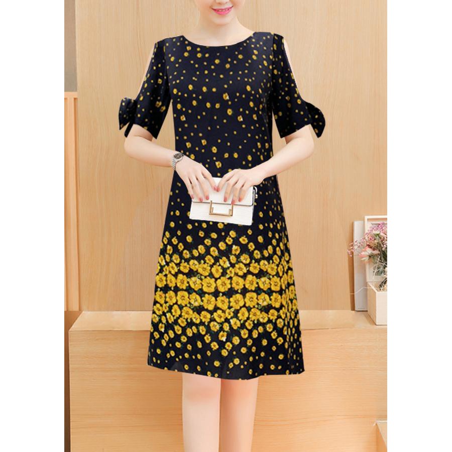 GOTI – Đầm Suông Công Sở Kiểu Chữ A In Hoa Cúc Vàng Tay Ngắn Đính Nơ Cổ Tròn 3222