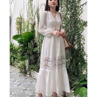 Đầm maxi công chúa cao cấp Trắng phối ren,dự tiệc,đi biển MSP 017 chất Lụa (kèm ảnh thật).