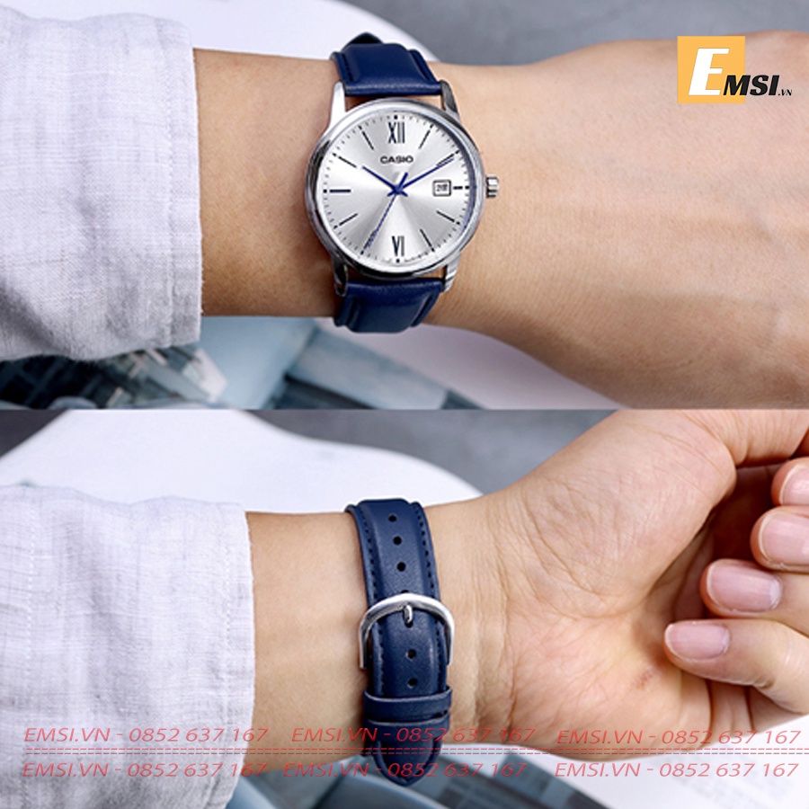 Đồng Hồ Casio Cặp Đôi MTP-V002L-2B3UDF & LTP-V002L-2B3UDF Dây Da - Mặt Số La Mã Nền Mặt Xanh - Chống Nước EMSI.VN