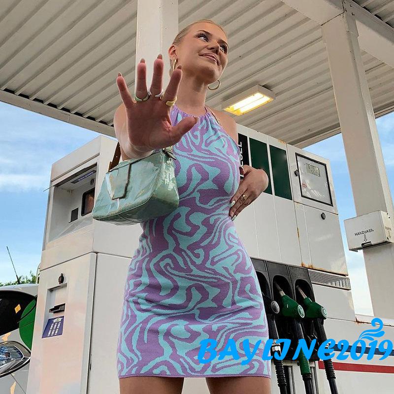 Đầm dệt kim ôm dáng hở lưng cổ yếm thời trang mùa hè cho nữ Bay-Y2K