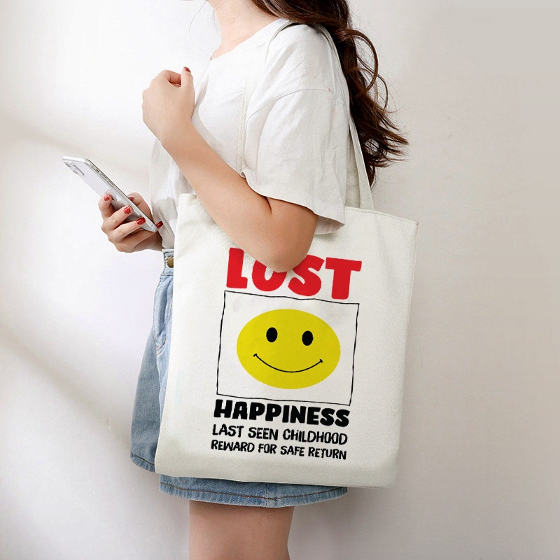 Túi vải bố tote đựng vật dụng, tài liệu, sách vở A4 in hình Lost Hapiness có khóa miệng túi