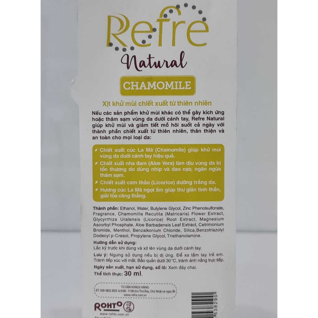 Xịt Thơm Khử Mùi Ngăn Tiết Mồ Hôi Refre Natural 30ml | BigBuy360 - bigbuy360.vn