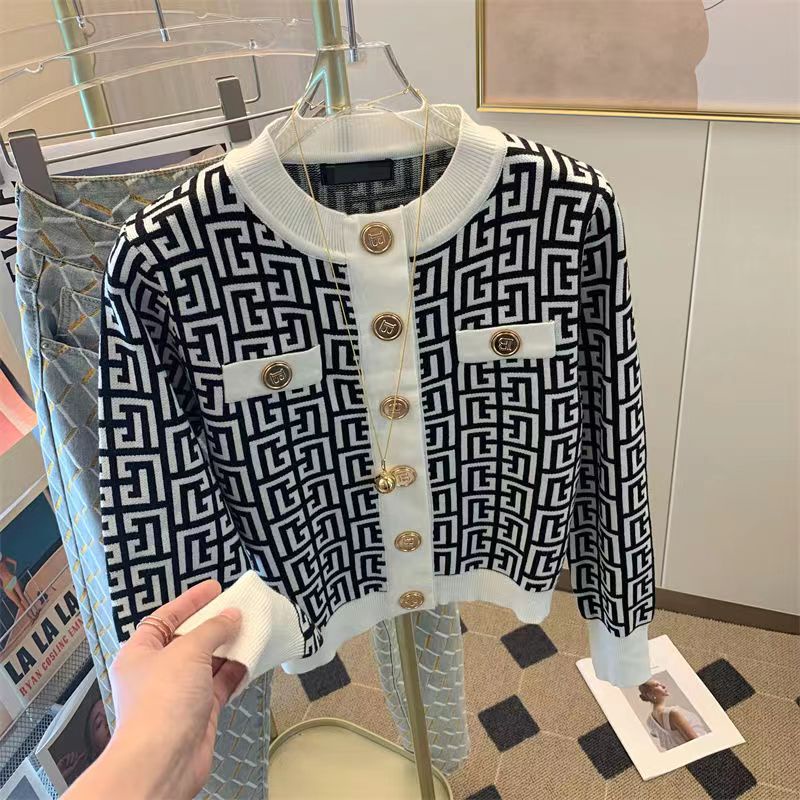 Áo Khoác Cardigan Dệt Kim Tay Dài Màu Sắc Tương Phản Phong Cách Retro Dành Cho Nữ