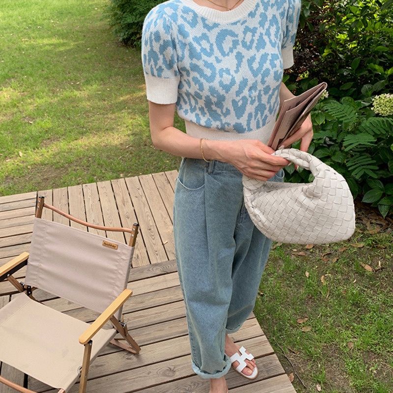 Áo dệt kim tay ngắn cổ tròn in da báo thời trang phong cách retro