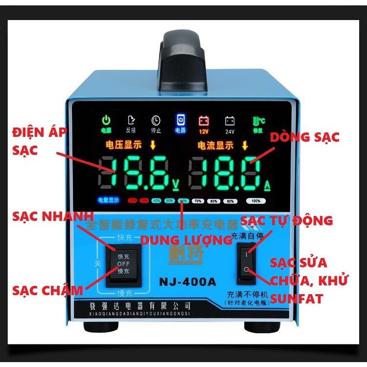 Máy Sạc ắc quy tự động NJ 400A-12V-24V- Sạc Công Suất Lớn 4Ah-400Ah 12V-24V Khử Sunfat Công Suất Lớn