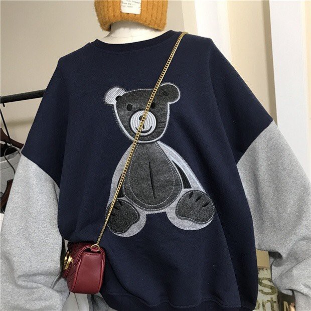 Áo Sweater Nỉ Hình Gấu Tay Phối 2 Màu
