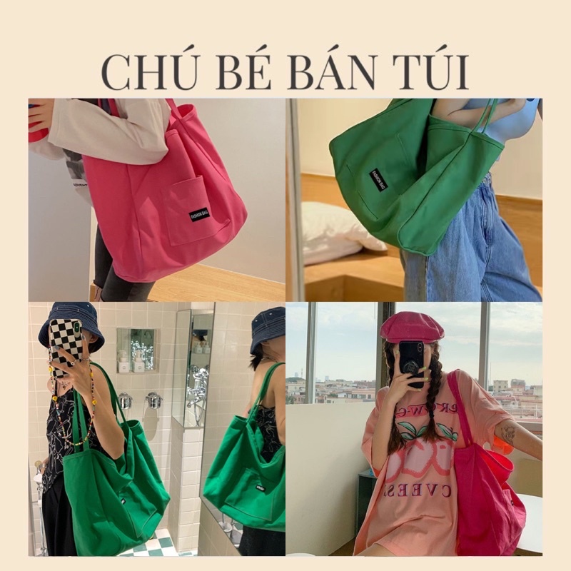 Túi tote vải canvas đeo vai màu Hồng và Xanh CỠ LỚN kiểu dáng Basic cho Nữ phong cách Ulzzang
