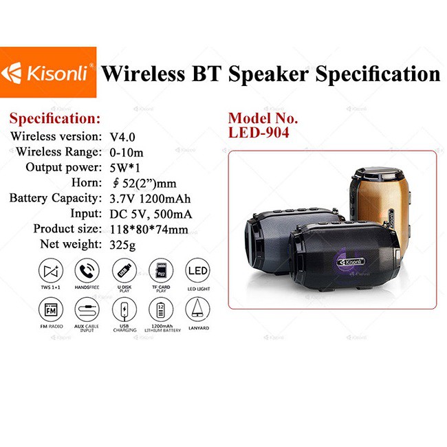 Loa Kisonli Bluetooth 904 Tích Hợp FM, TF (Ngẫu Nhiên Màu)