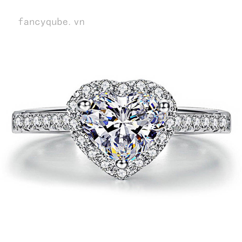 Nhẫn mạ bạc nữ mặt trái tim đính kim cương lấp lánh quý phái