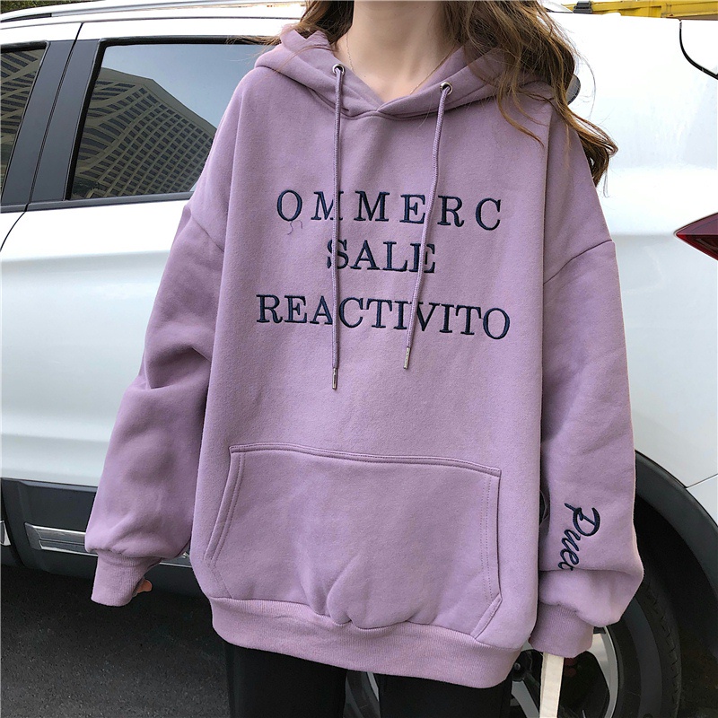 Áo hoodie SUXI dáng rộng thêu họa tiết chữ cái phong cách Hàn Quốc retro thời trang mới dành cho nữ