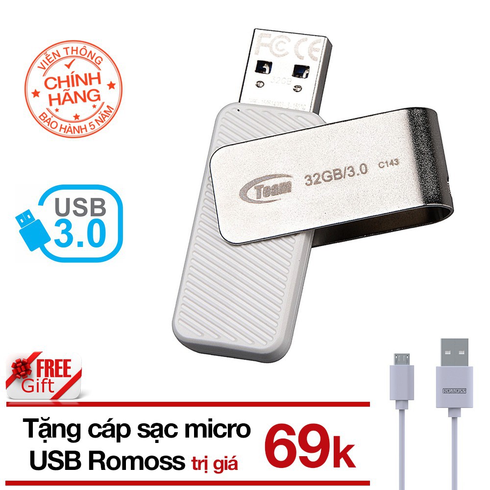 (Tặng cáp) USB 32Gb 3.0 Team Group INC C143 (Trắng) tặng Cáp micro USB tròn Romoss - Hãng phân phối chính thức