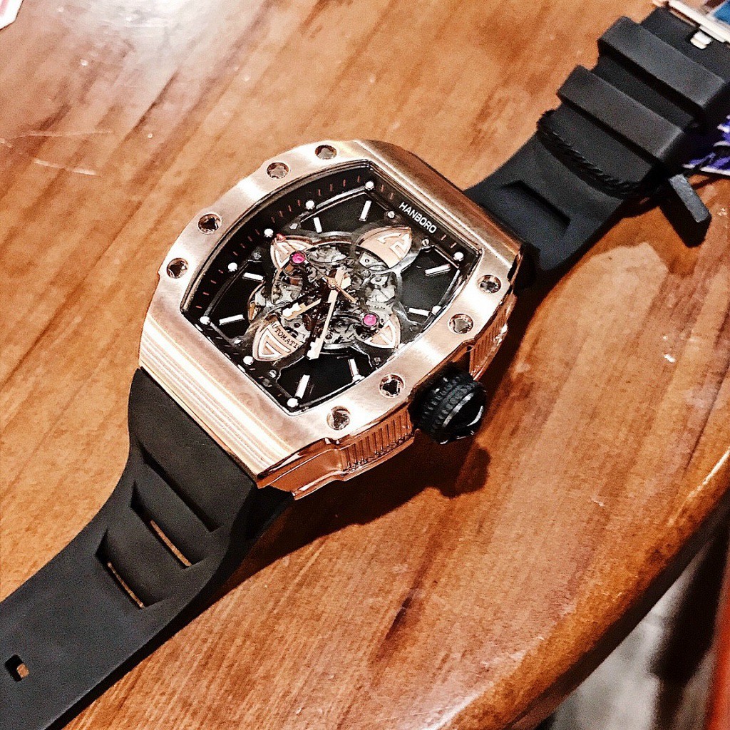 Đồng Hồ Hanboro By Huboler Nam Automatic Dây Silicon Đen Rose Gold Authentic 40x48mm