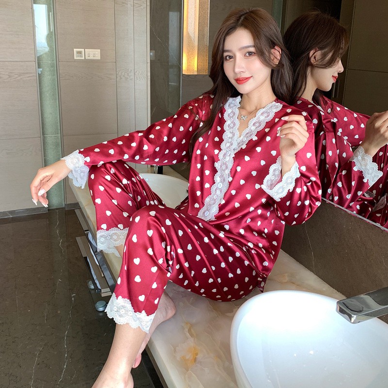 Pijama- Bộ Ngủ Lụa Áo Quần Dài Màu Đỏ Phối Ren Cổ Chữ V kèm ảnh thật DDLP04