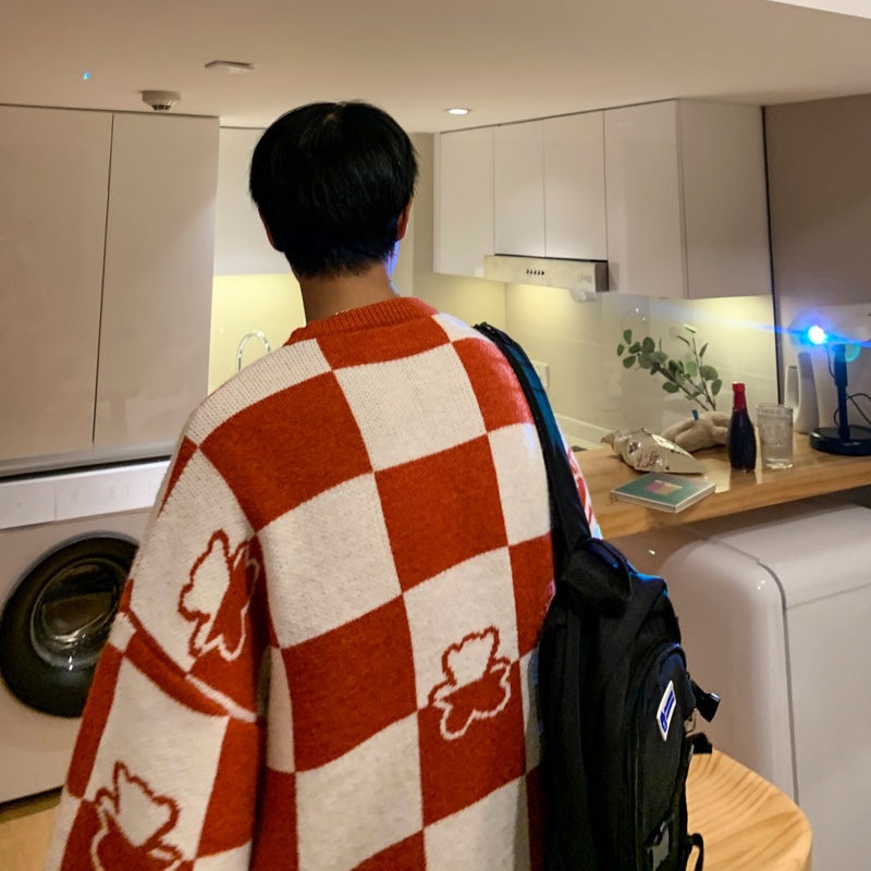 Áo sweater chui đầu kẻ caro họa tiết gấu dáng rộng phong cách Hàn Quốc thời trang thu đông cho nam
