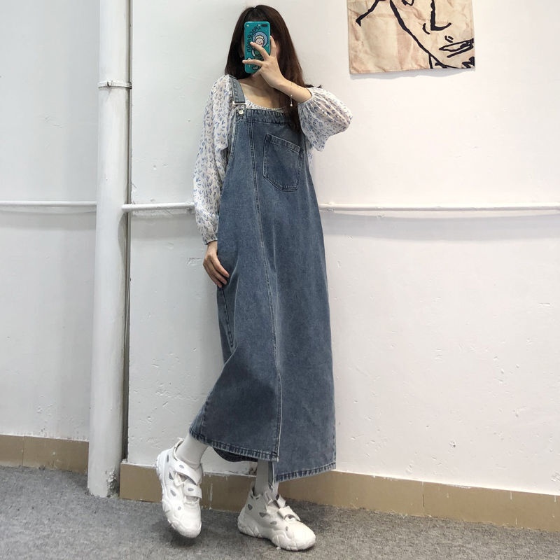 Đầm Yếm Denim Dáng Dài Rộng Thiết Kế Xẻ Tà Thời Trang Xuân Hè Mới Cho Nữ