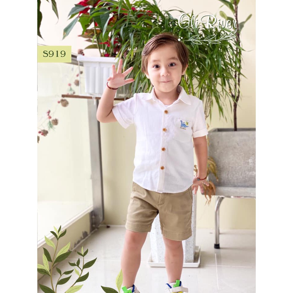 Sơ mi bé trai cực đẹp, vải linen thoáng mát, nhiều họa tiết ngộ nghĩnh trên túi áo cho bé