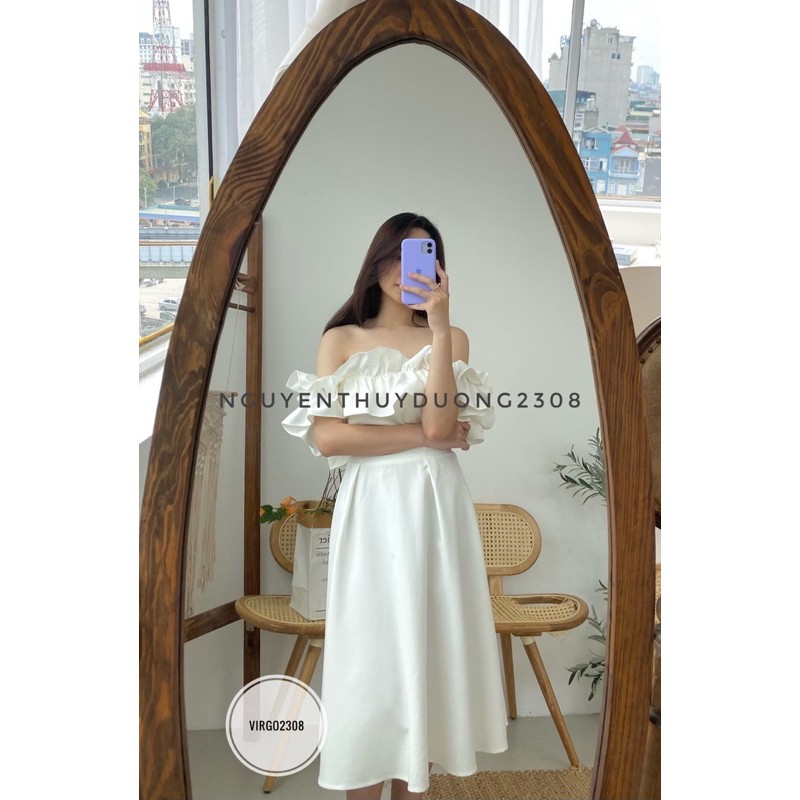 [Ảnh thật/Sẵn]Váy bèo trễ vai trắng có đệm ngực tiểu thư/Đầm dự tiệc trắng xinh xắn
