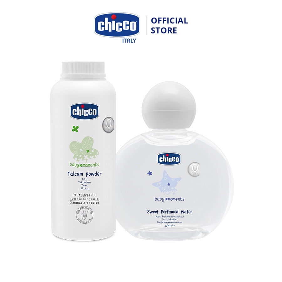 Combo Phấn rôm tinh bột Gạo 150gr Chicco &amp; Dầu mát-xa chiết xuất cám gạo 0M+ Chicco 200ml