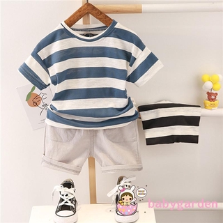 Bộ Áo Thun Ngắn Tay Cổ Tròn Sọc Ngang + Quần Short Cho Bé Trai