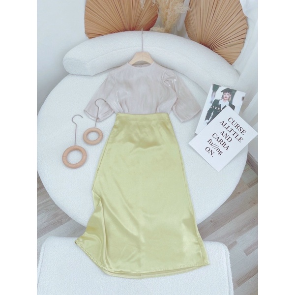 SET LỤA ÁO TAY LỠ + CVAY MIDI XANH