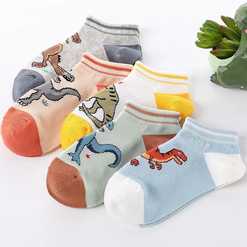 Set 5 đôi Tất khủng long bé trai cổ ngắn cotton thoáng khí họa tiết sinh động