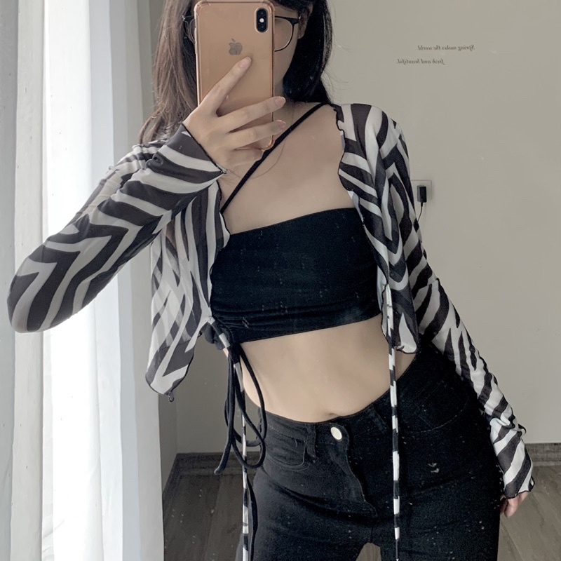 Áo Croptop Tay Dài, Áo Crt Khoác Lưới Co Giãn In Hoạ Tiết Freesize IRISVIEL