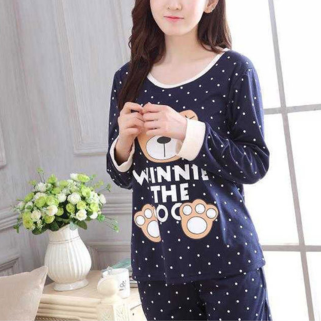 Bộ Pijama Dài Tay In Hình Gấu + Quần Dài Chấm Bi