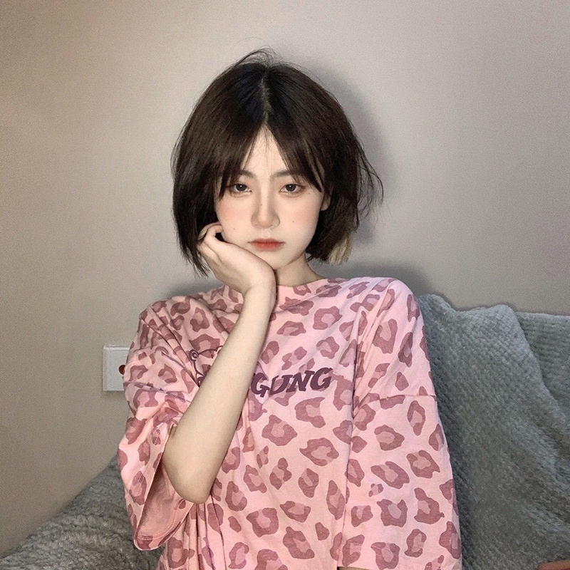 Áo Thun Tay Ngắn Dáng Rộng In Họa Tiết Da Báo Phong Cách Harajuku Hàn Quốc Thời Trang Mùa Hè Cho Nữ