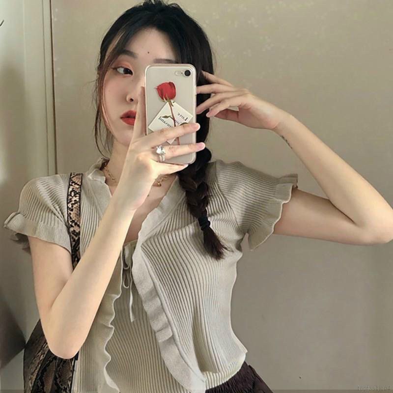 Áo Croptop Ngắn Tay Kiểu Gân Bèo Cột Nơ Trước UlzzangTuyết's House (Áo Khoác Croptop Ngắn Tay Ulzzang)