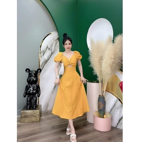 Đầm váy nữ lụa xoắn ngực họa tiết 5 màu cổ chữ V khoét eo tôn dáng trẻ trung sang trọng thanh lịch siêu xinh