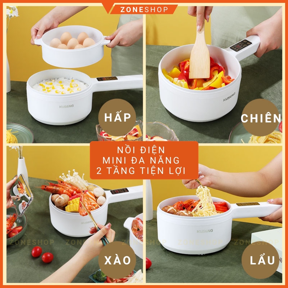 Nồi Nấu Lẩu Mini Cầm Tay, Nấu Cơm Đa Năng Có Tay Cầm, Lớp nồi tráng men 2L - 2 Nấc Nhiệt Kèm Giá Hấp [ZONESHOP]