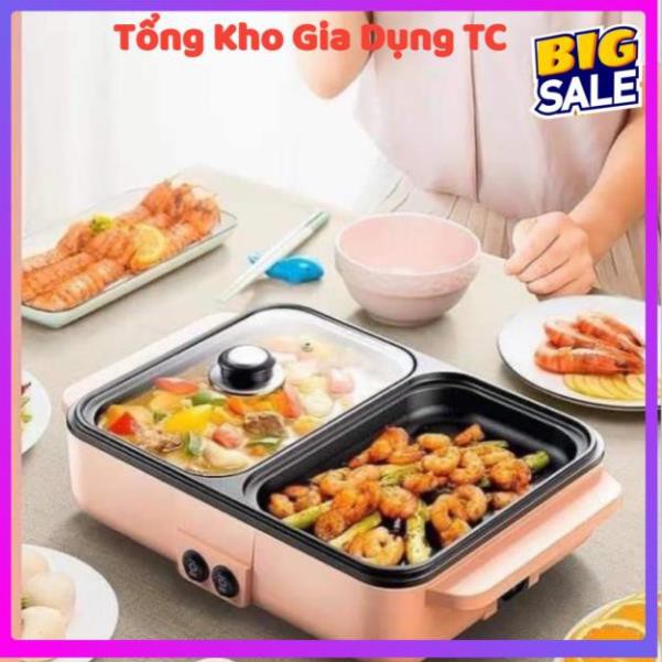 Nồi lẩu nướng điện 2 ngăn mini chống dính siêu tốt tiết kiệm không gian