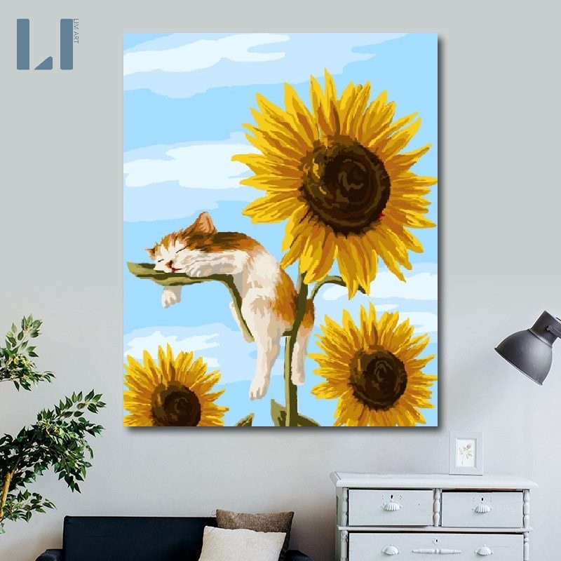 Tranh tô màu theo số mèo và hướng dương -Tranh số hóa có khung LIM Art T408
